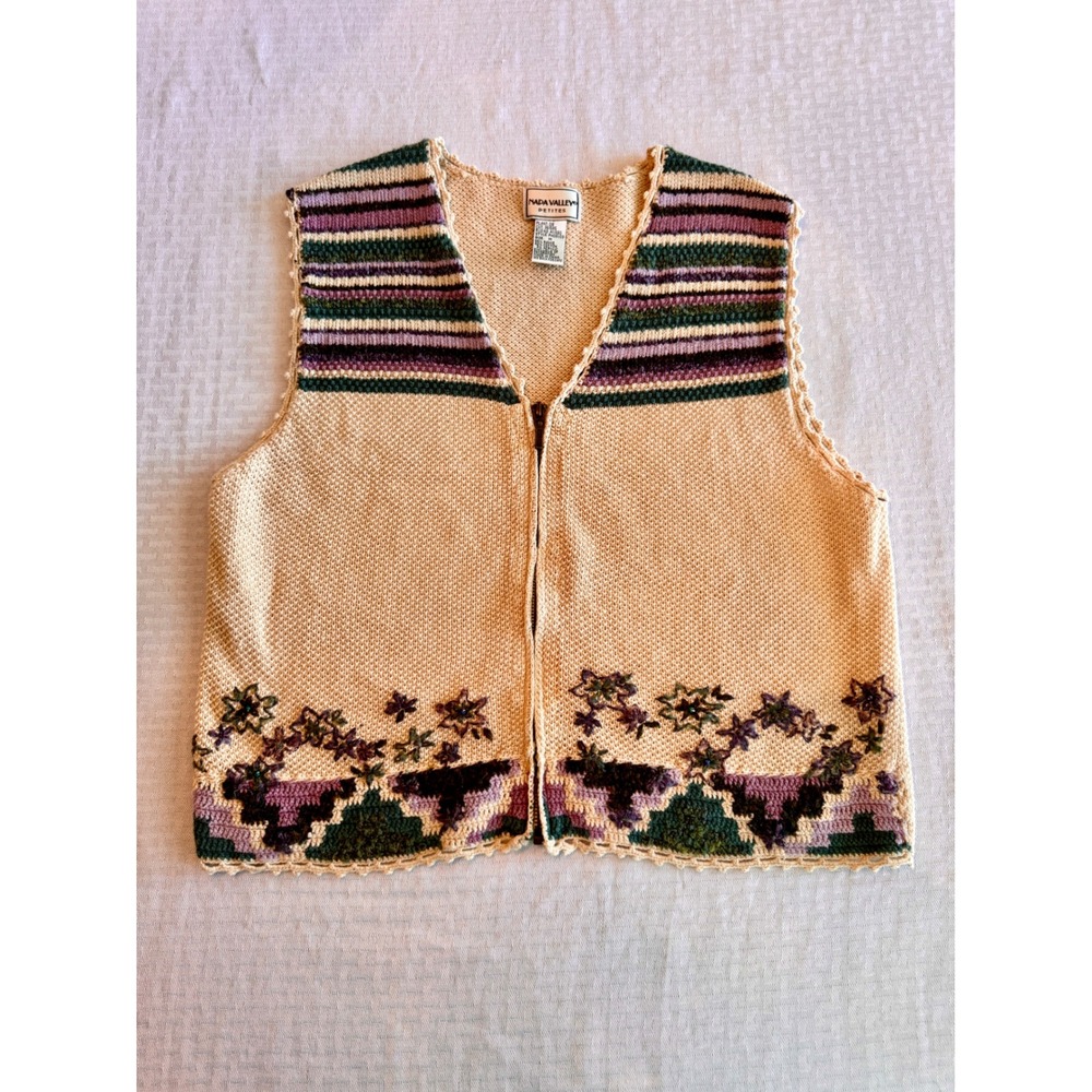 Napa‎ Valley Petites Vintage Floral Knit Vest Zip Front Purple Green Medium